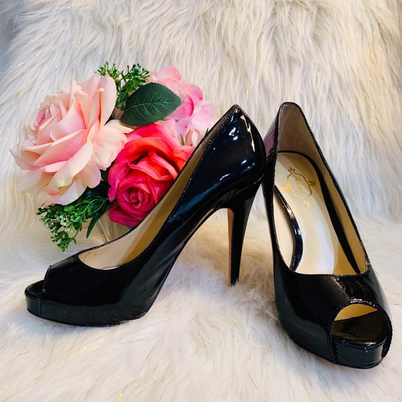 Shoes - Black Patent Stiletto Heel Open Toe Pumps